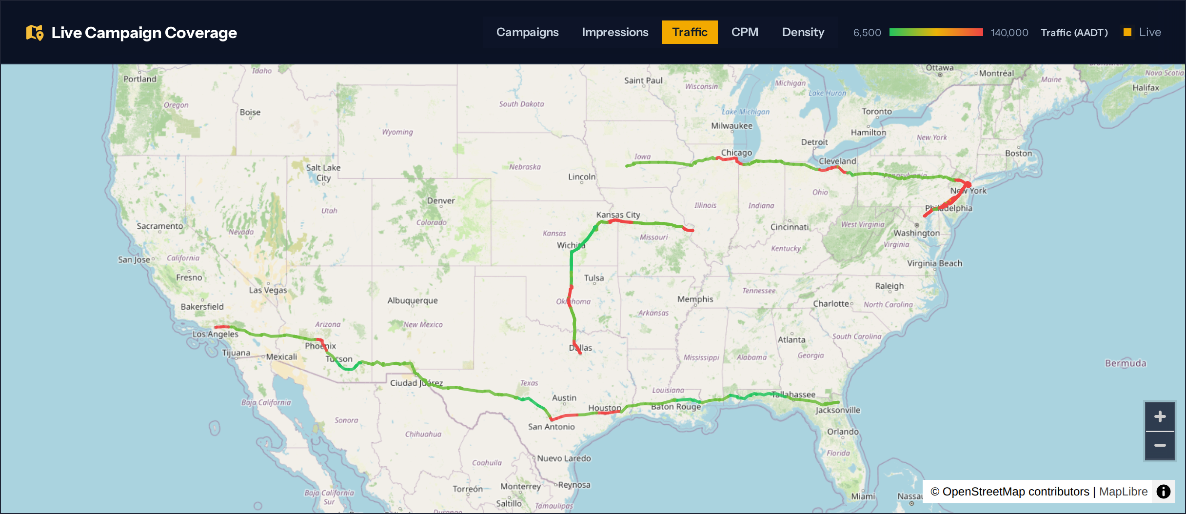 The Wayside platform's live campaign coverage map, coloring each route segment by measured road traffic (AADT)