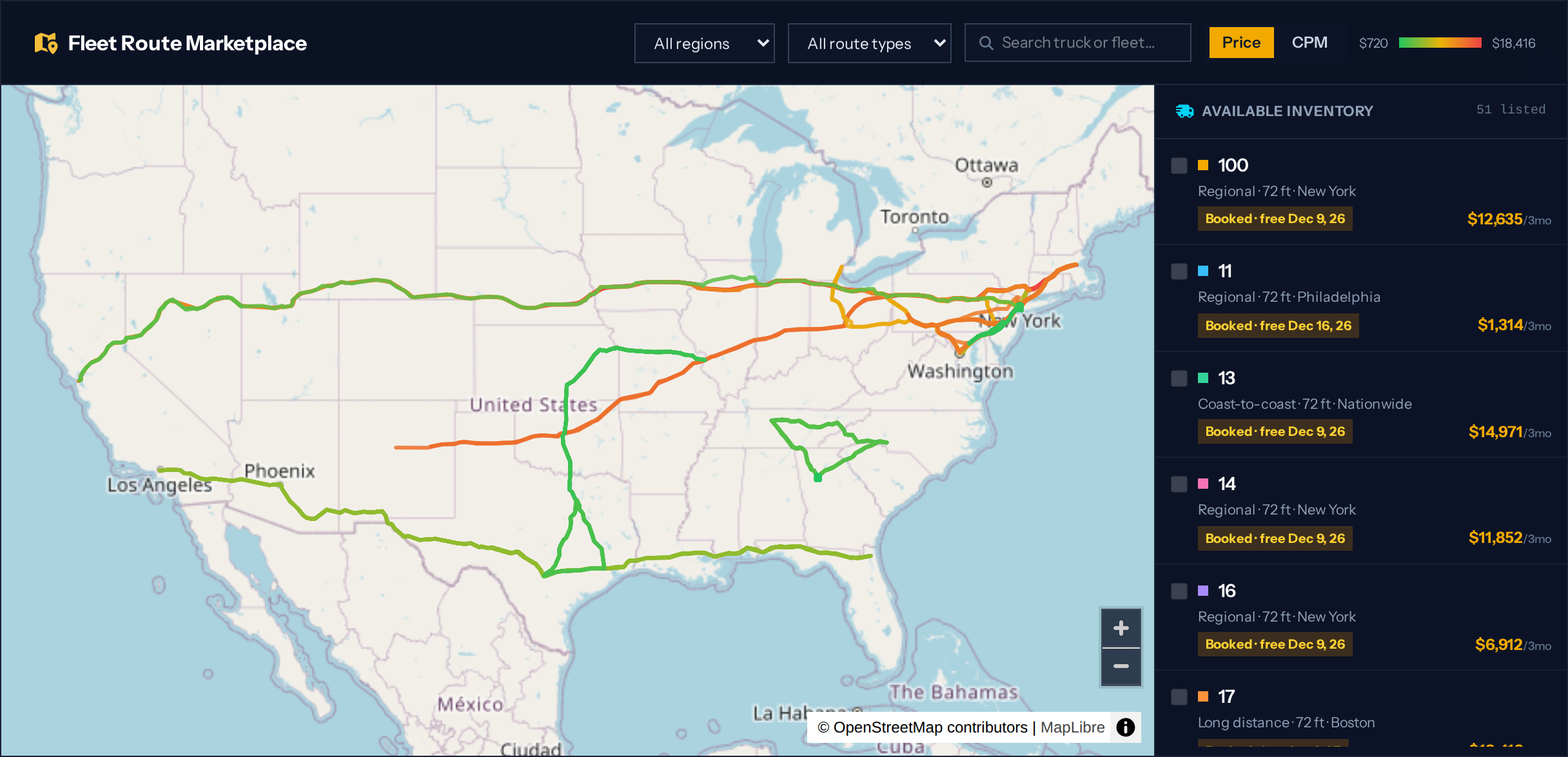 The Wayside platform's fleet route marketplace: live truck routes on a US map, priced and filterable by region and route type